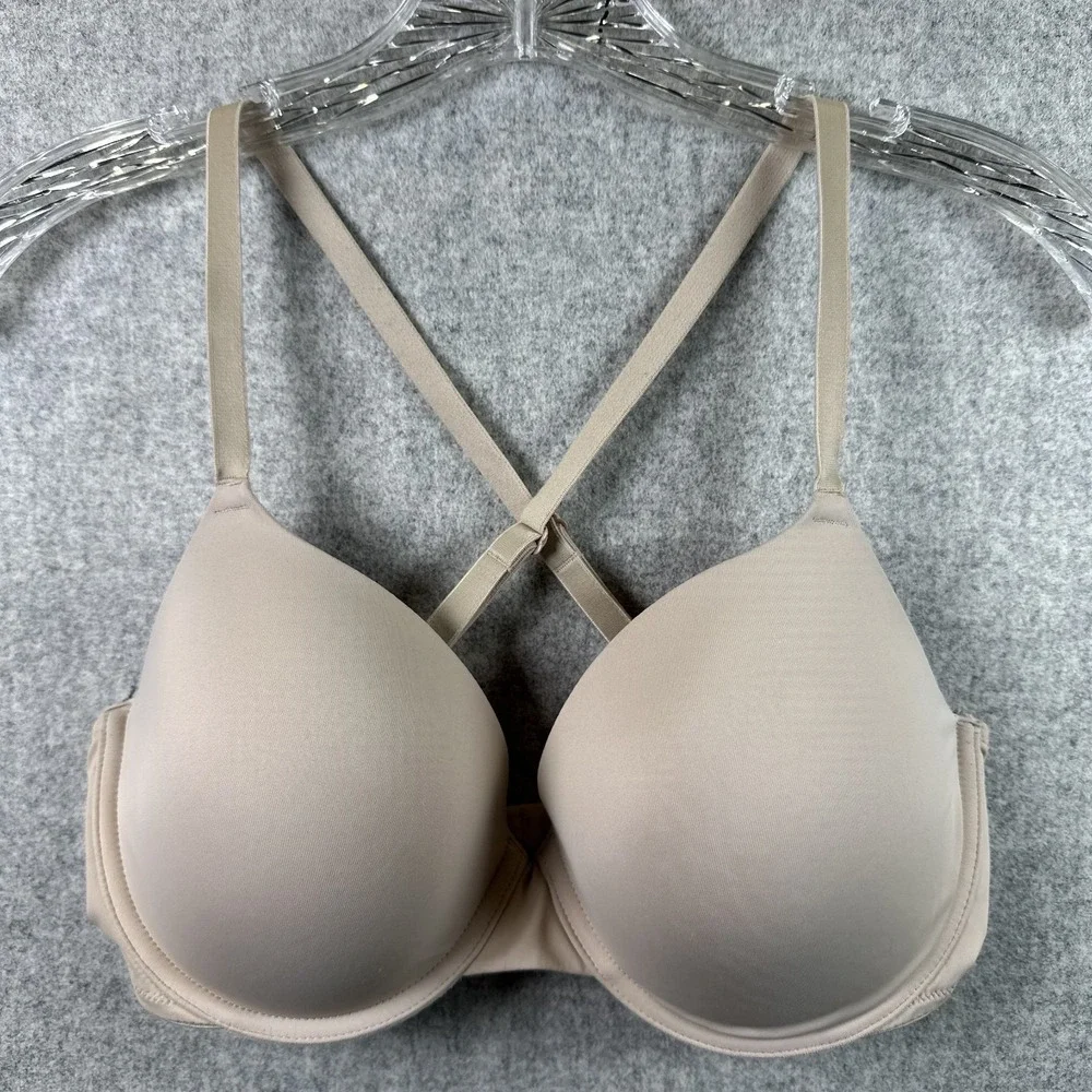 PINK Bra‎ Beige 34DD Everywhere T-Shirt Lightly Lined Underwire Criss Cross